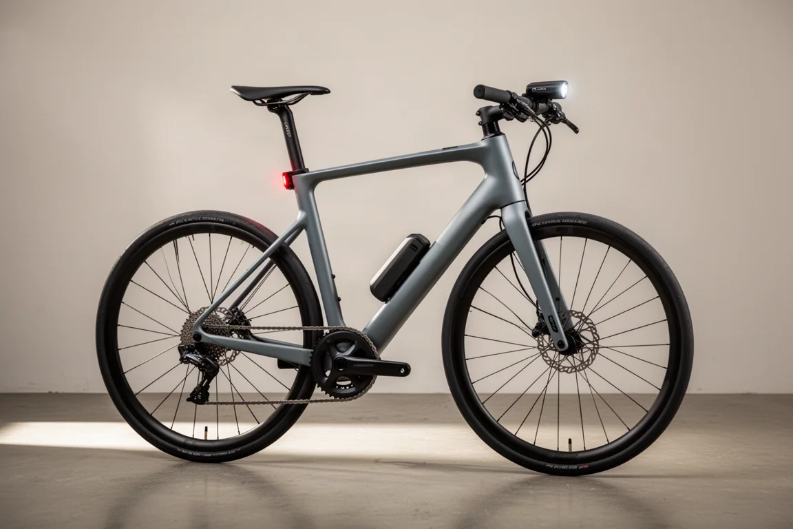 マットカーボンフレームの現代的なエンデュランスロードバイクを、ニュートラルな背景に斜め前方から捉えた写真