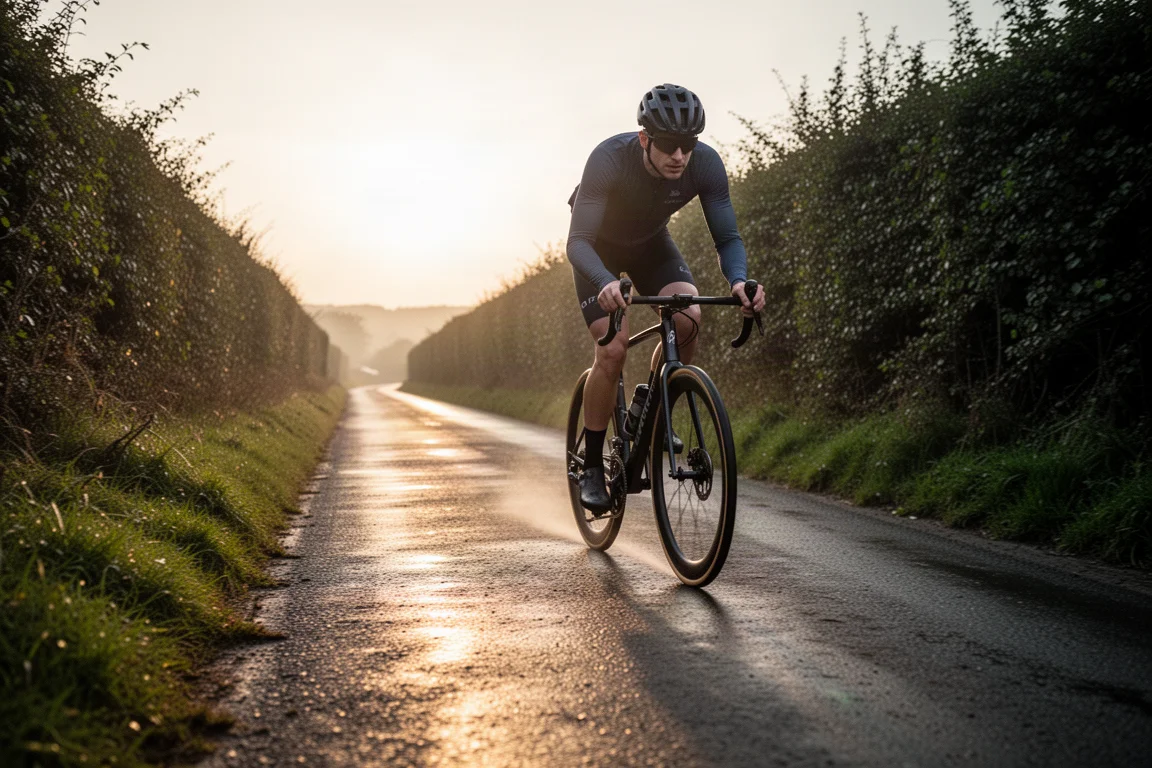 Cyclist riding a road bike along a narrow country lane at sunrise