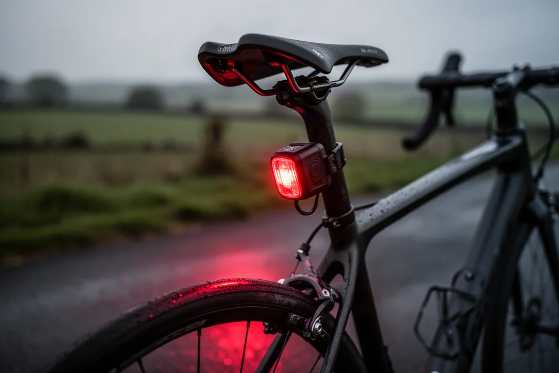 Rear radar light unit mounted under a saddle glowing red at dusk