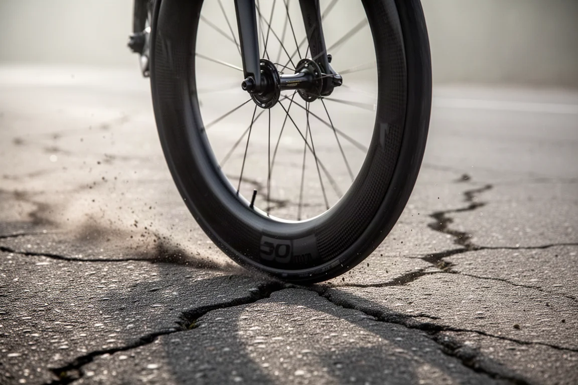 Wide road tire crossing cracked tarmac at speed in morning light