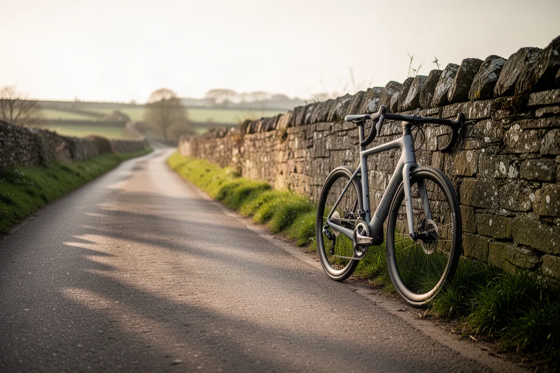 Road bike leaning against a stone wall on a quiet country lane