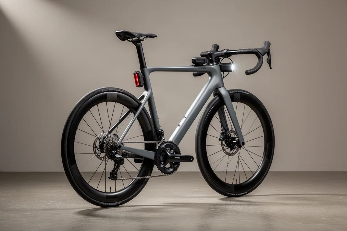 Matte grey endurance road bike with carbon wheels, front light and rear radar unit on a concrete floor