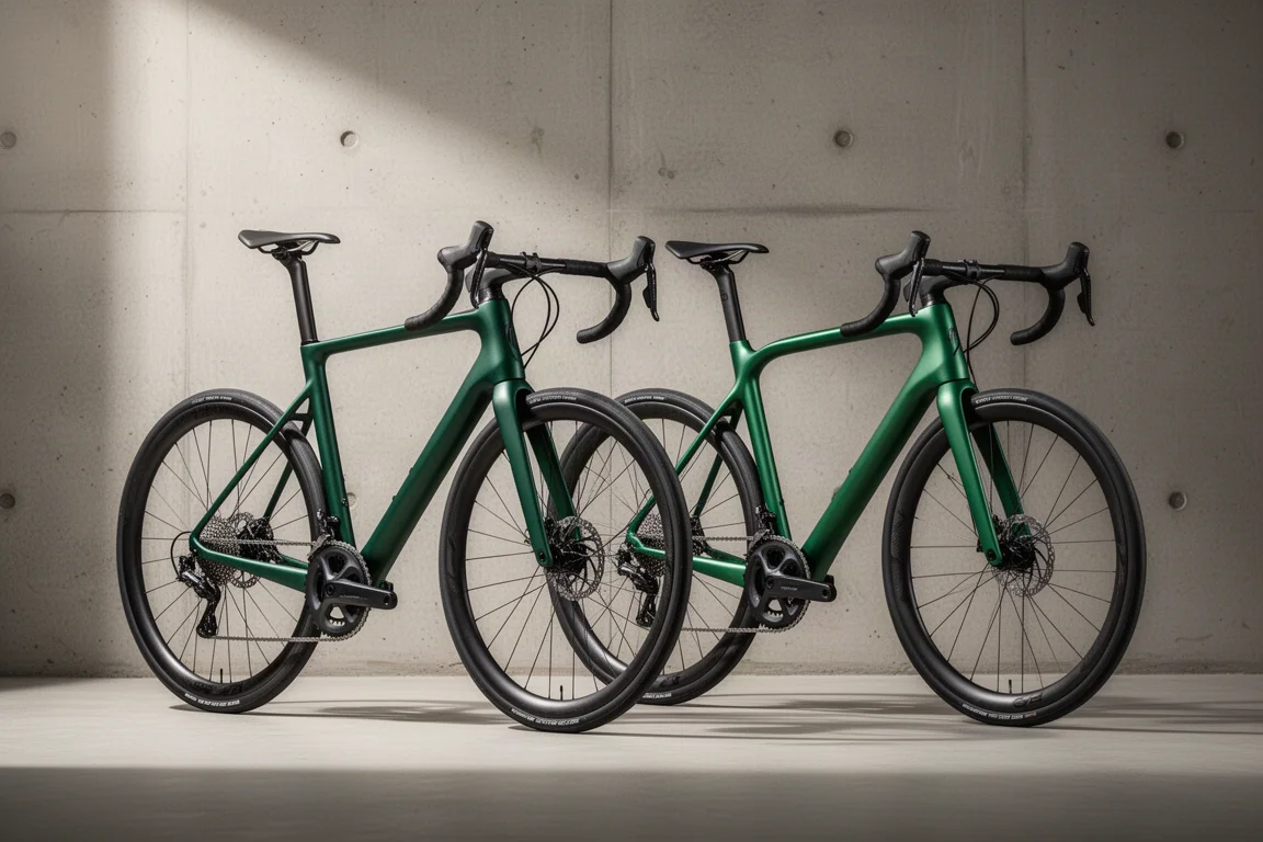 Two endurance road bikes side by side on a concrete floor against a neutral backdrop