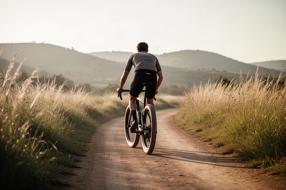 Cycliste gravel pédalant sur un chemin de terre à travers la campagne dans la lumière du matin