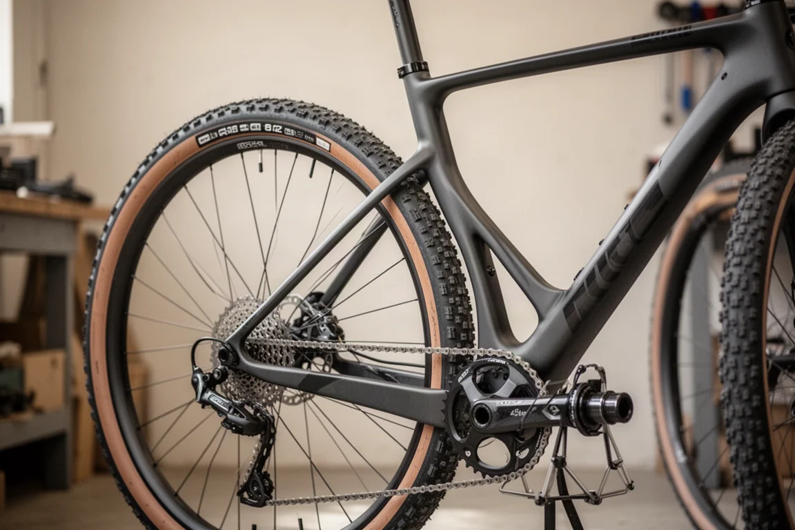Gros plan sur l'arrière d'un vélo gravel montrant des haubans abaissés et un pneu large