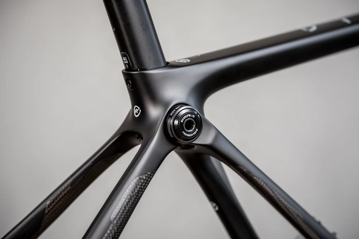 Vue de détail du pivot de suspension Kingpin à la jonction du tube de selle