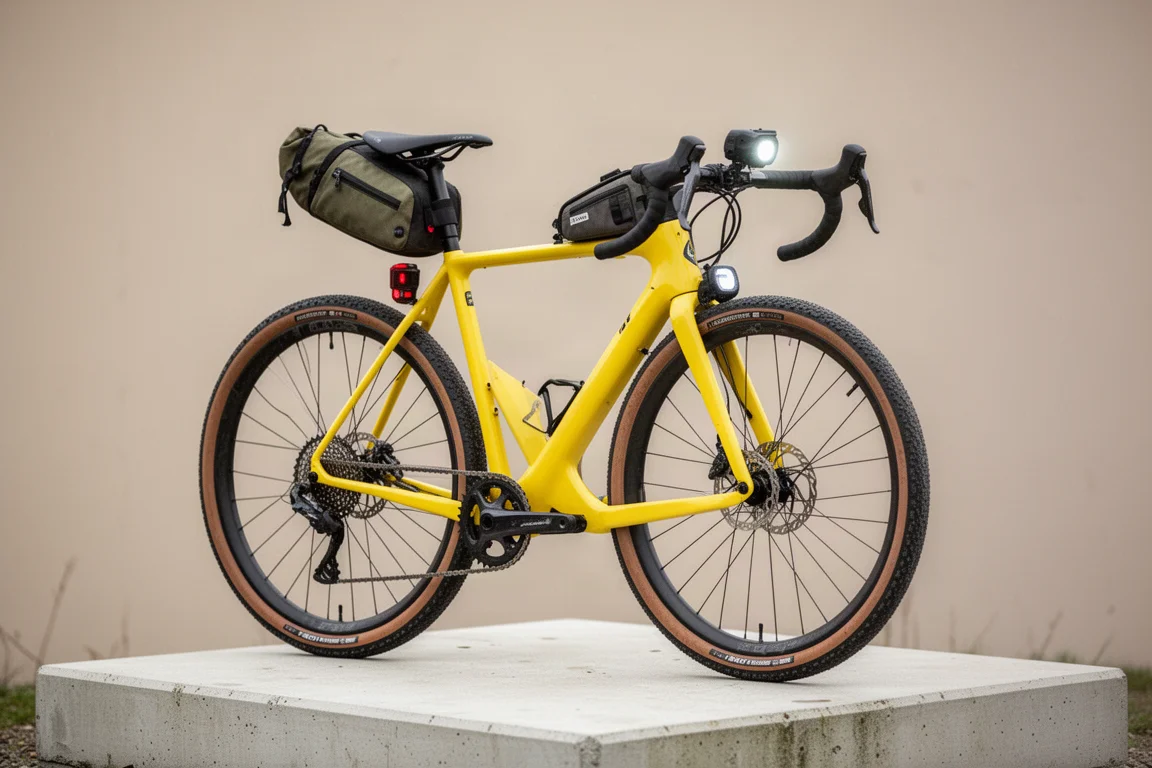 Vélo gravel chargé de sacoches de cadre et équipé d'un feu radar arrière