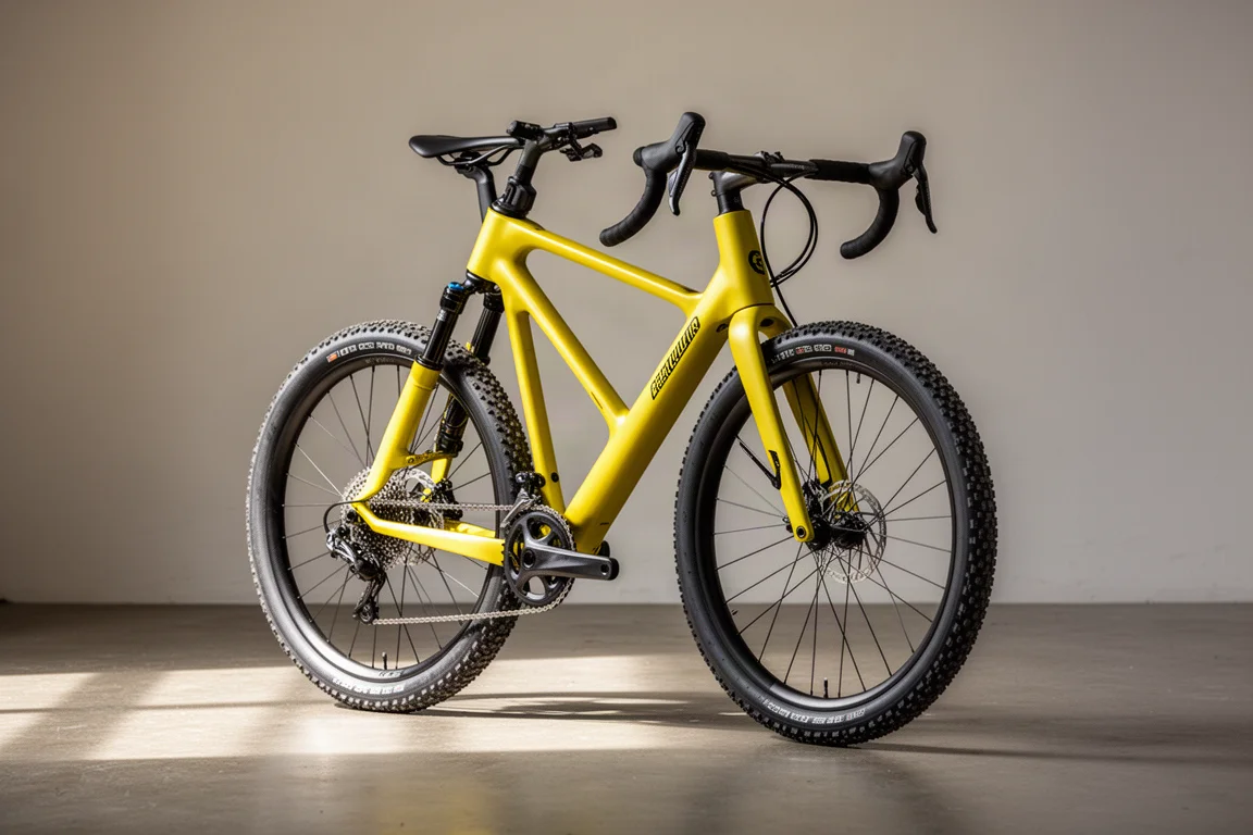 Cannondale Topstone Carbon gravel bike in yellow with Lefty suspension fork in a studio setting