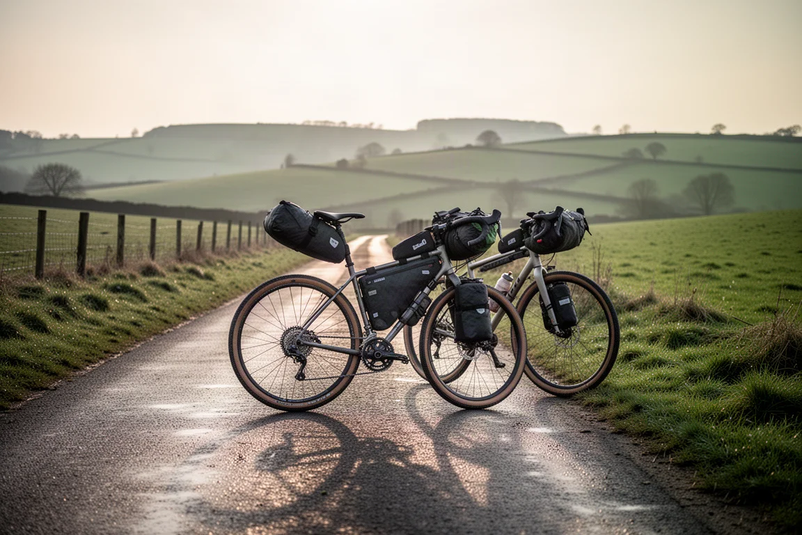 Gravel bike carregada para bikepacking em uma estrada rural estreita ao amanhecer