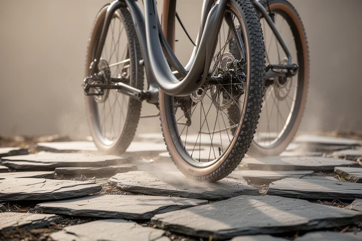 Detalhe aproximado da roda traseira de uma gravel bike em uma trilha solta de ardósia