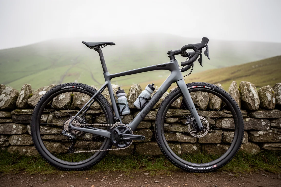 Carbon gravel bike with drop bars and wide tyres leaning against a stone wall on a hillside