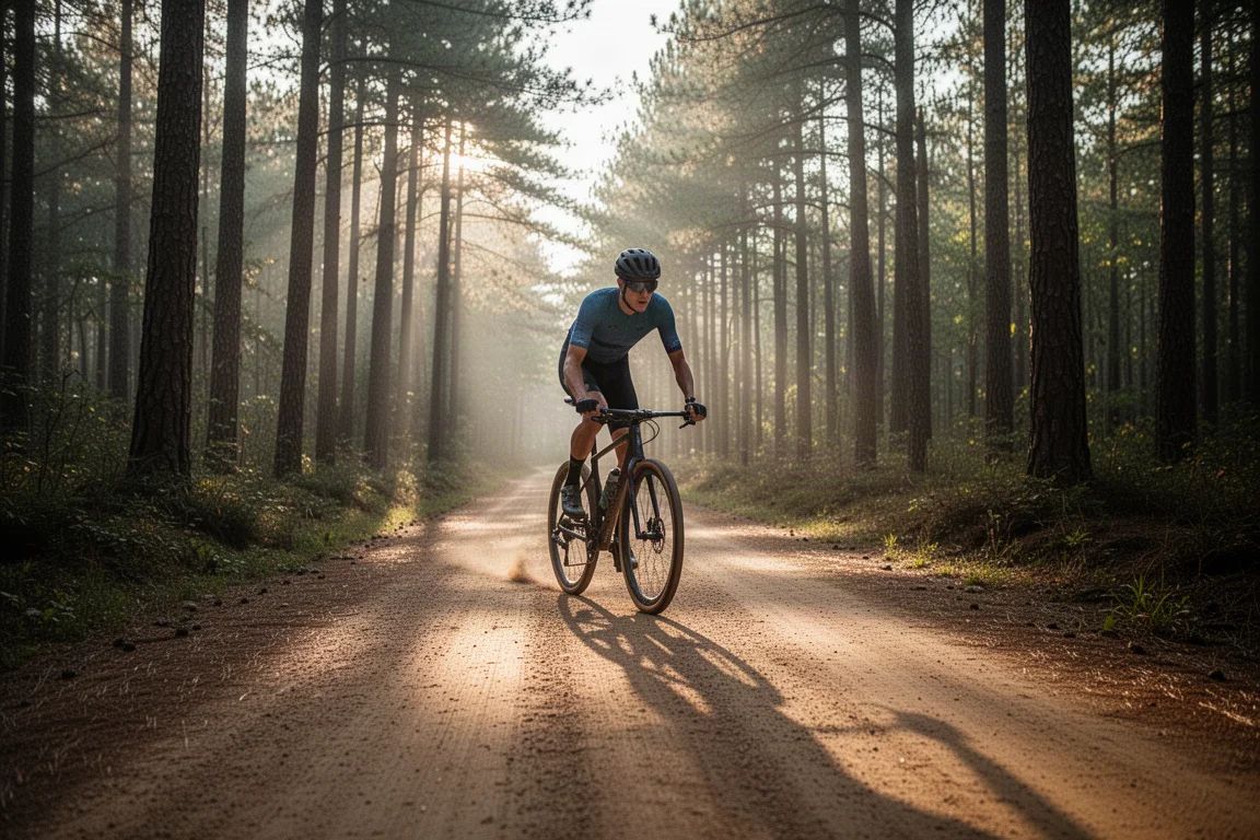 Gravel cyclist riding a smooth forest track in soft morning light