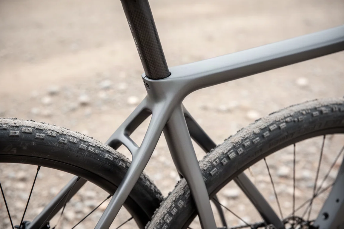 Rear triangle of a gravel bike with seat stays meeting the seat tube