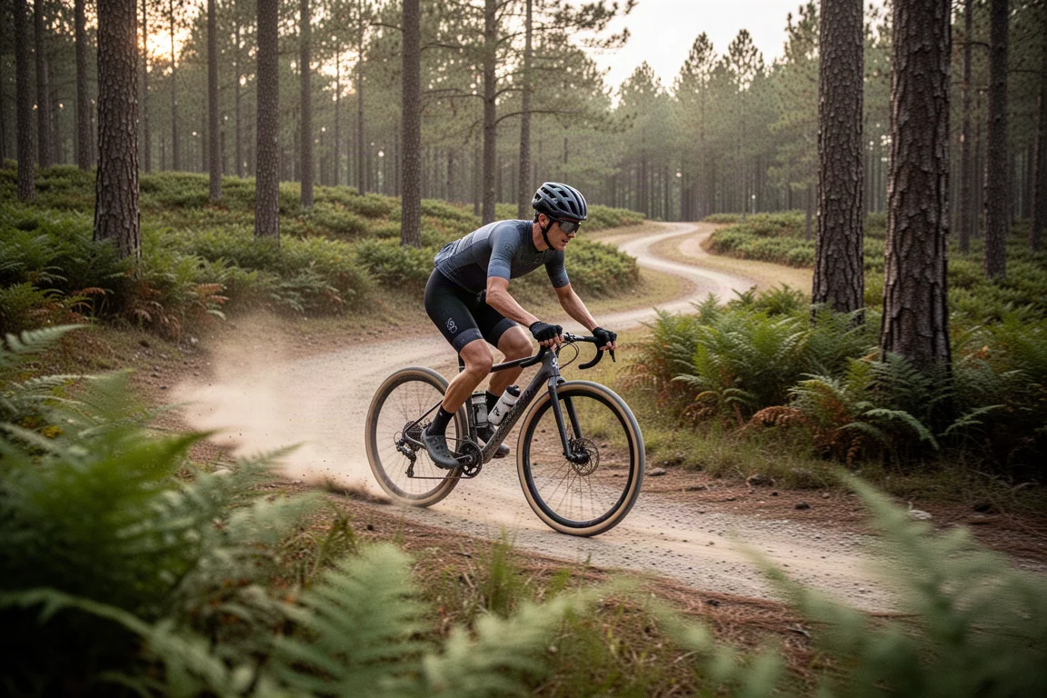 Gravel cyclist leaning through a sweeping forest trail