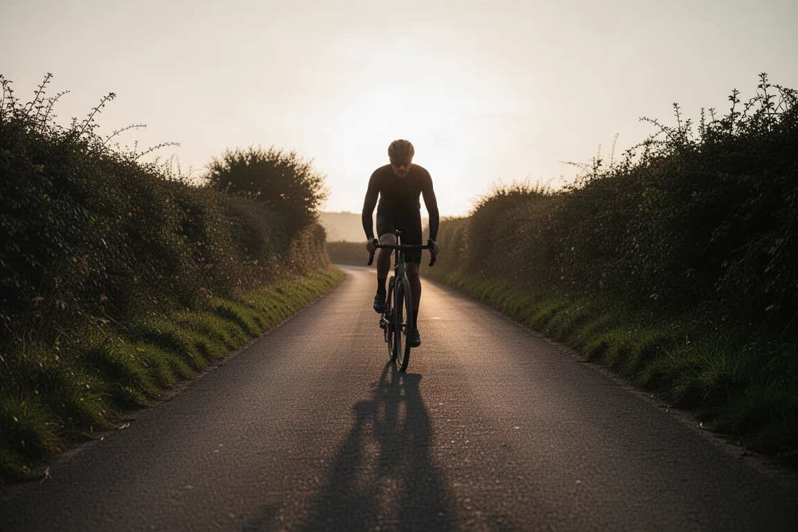Cyclist on a quiet country lane at golden hour