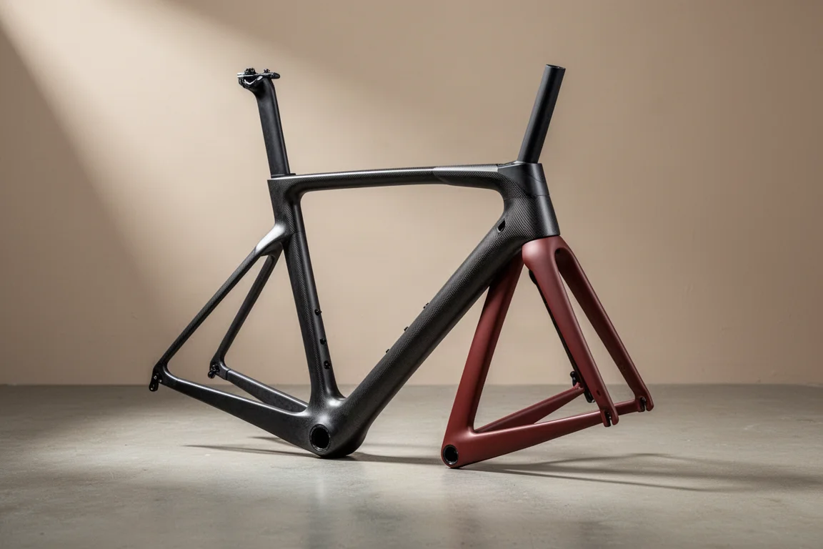 Carbon gravel bike frameset with raw carbon front and red-brown painted rear on concrete