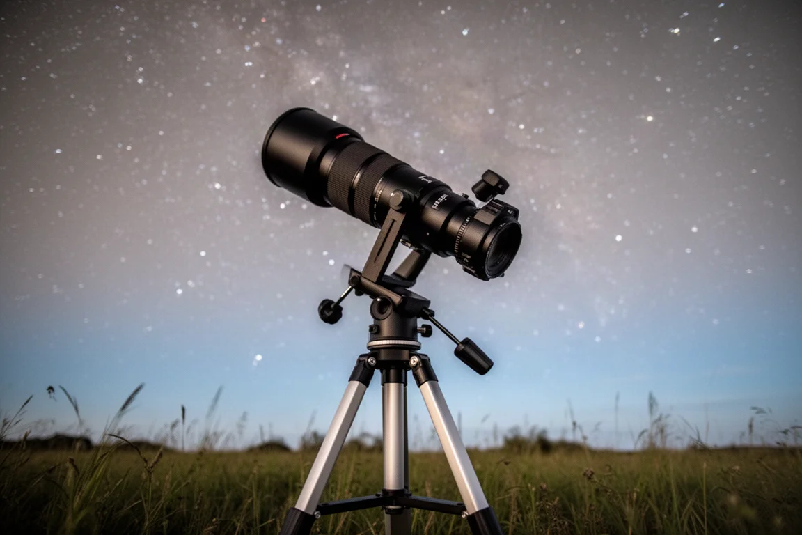 Ein 200mm-Objektiv auf einer teleskopartigen Montierung unter Nachthimmel