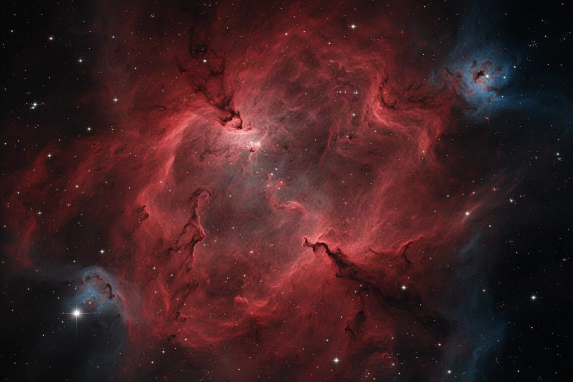 Emissionsnebel-Region fotografiert in tiefen Rot- und Blautönen
