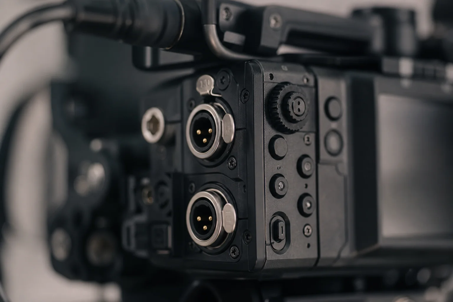 Close-up of professional XLR audio connectors and control buttons on cinema camera