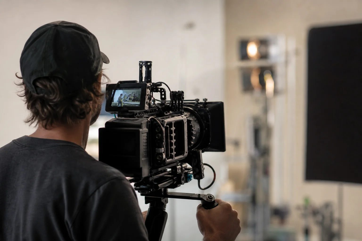 Professional videographer operating cinema camera on a film set with lighting rigs