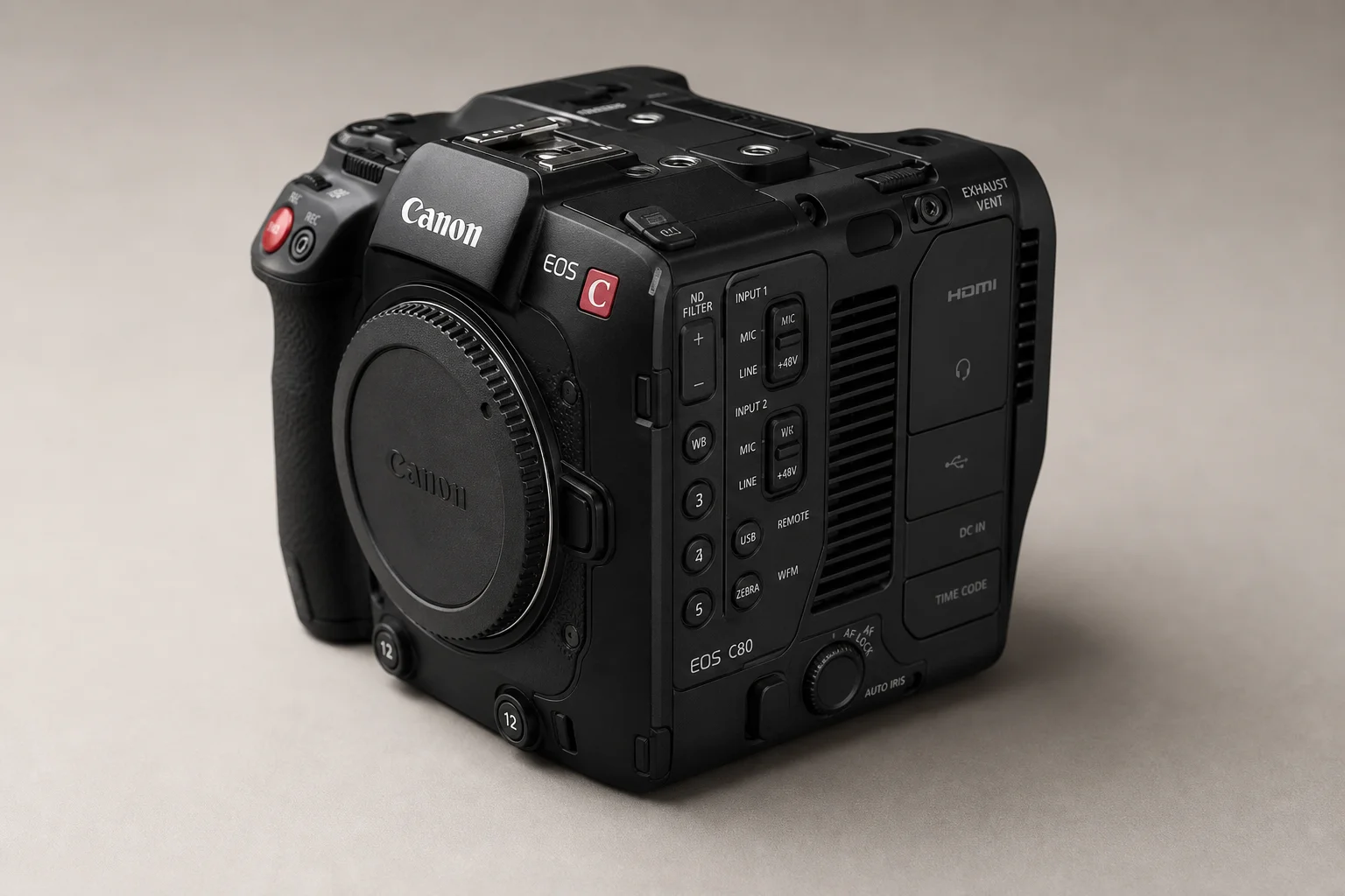 Canon EOS C80 cinema camera on neutral backdrop showing body design and controls