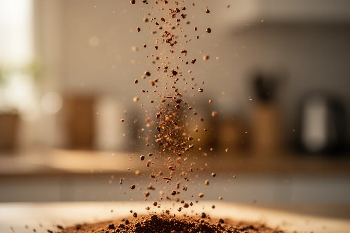 Coffee granules falling in slow motion against a warm cinematic backdrop