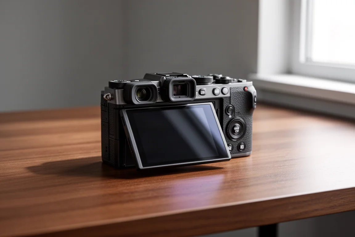 Close-up of a flip-out camera screen tilted toward the viewer