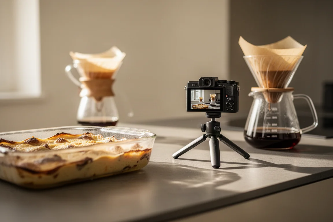 Solo creator filming a recipe scene with a camera on a small tripod