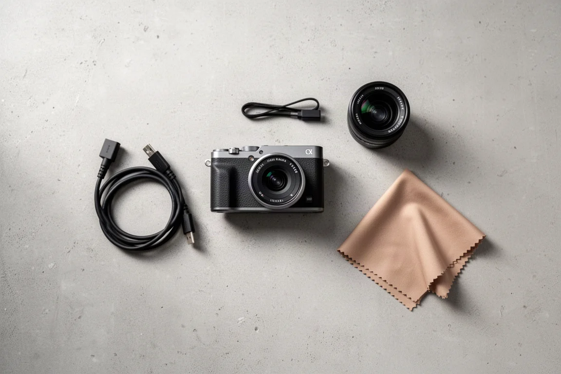 Camera and small accessories arranged on a desk before a filming session