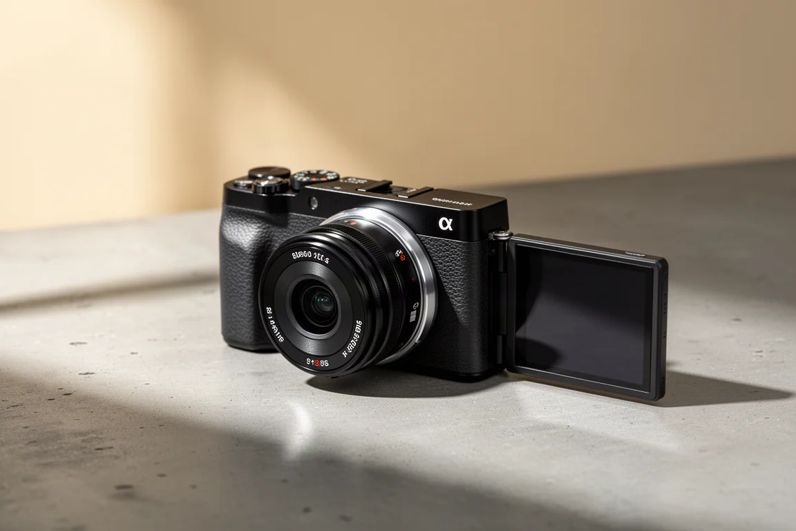 Canon EOS R50V kompromisslös systemkamera med vikbar skärm på betongyta