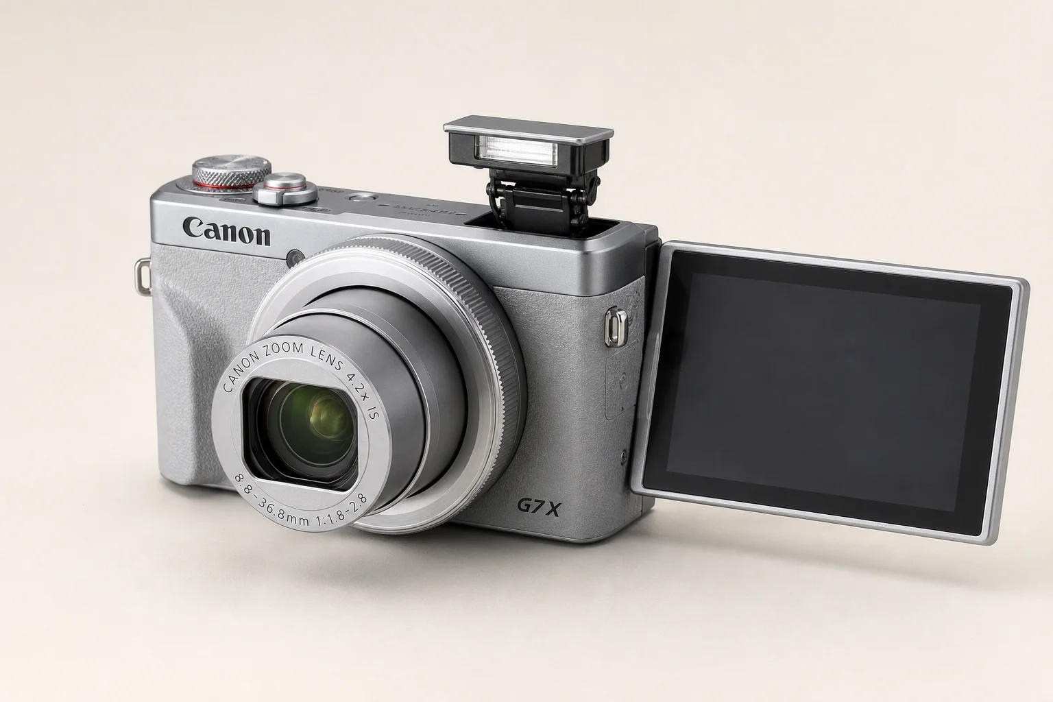 Six compact cameras arranged on concrete surface showing different designs and features