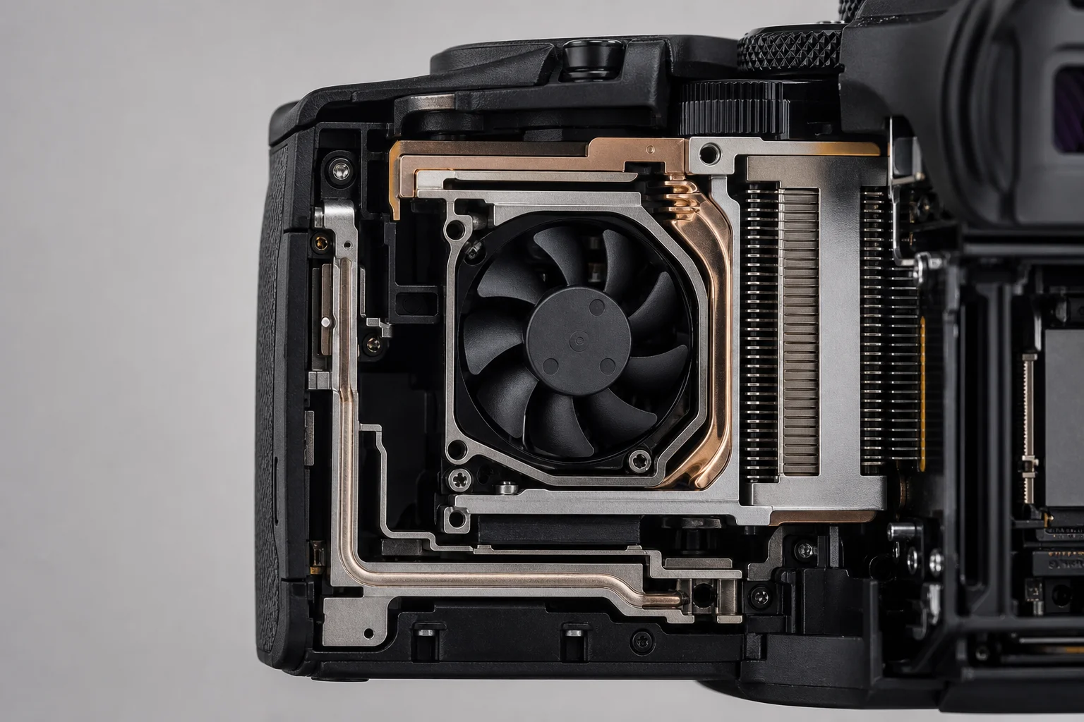 Close-up of camera cooling fan and internal heat management components
