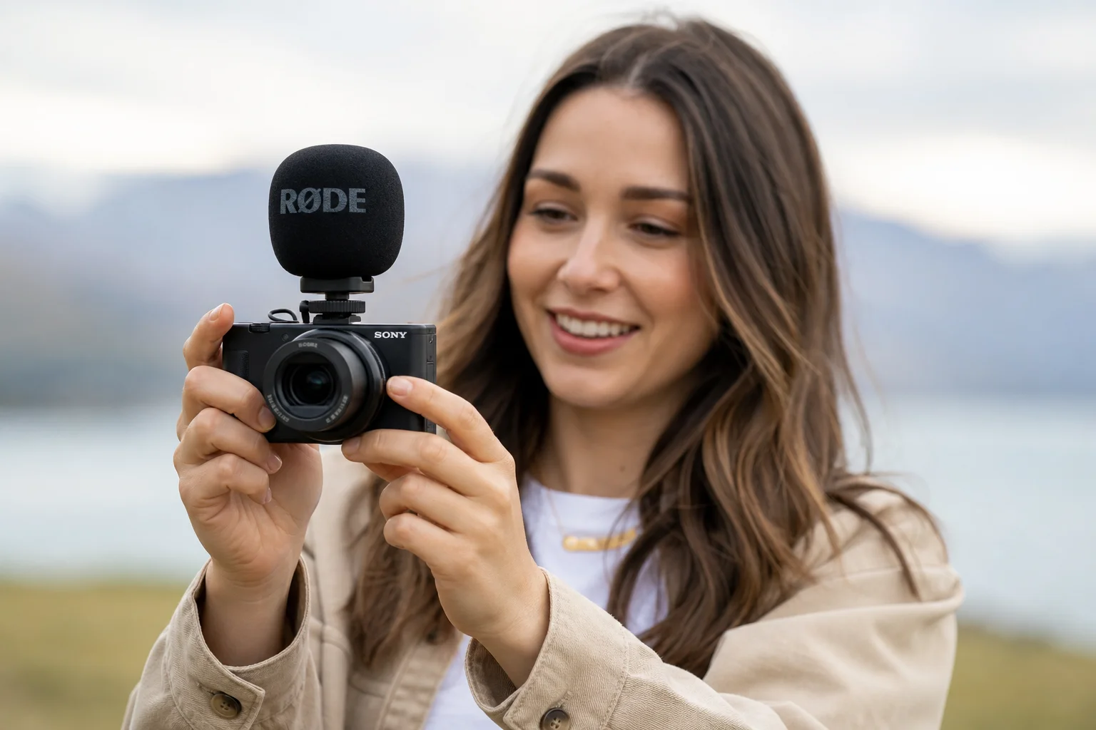 Vlogger holding camera with external wireless microphone mounted on top