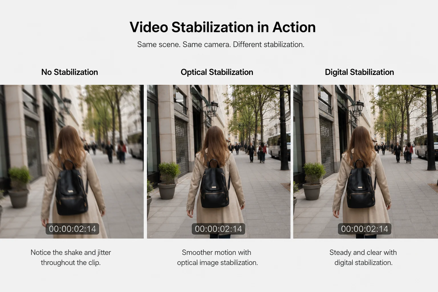 Stabilized video footage comparison showing smooth handheld camera movement