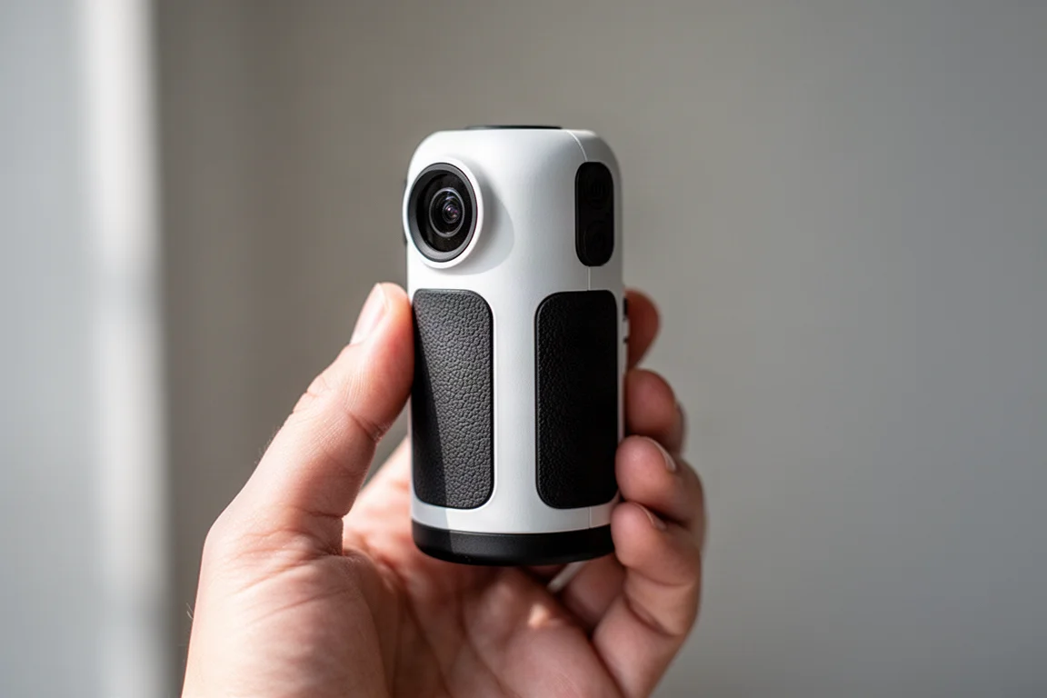 Kompaktes digitales Monokular in einer Hand gehalten, um sein handliches Taschenformat zu zeigen