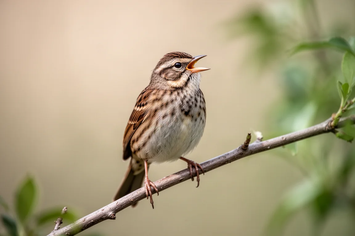 Singvogel sitzt aufrecht auf einem Ast und zwitschert im weichen Licht