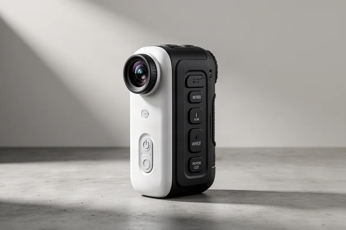Compact digital monocular standing upright on a matte concrete surface