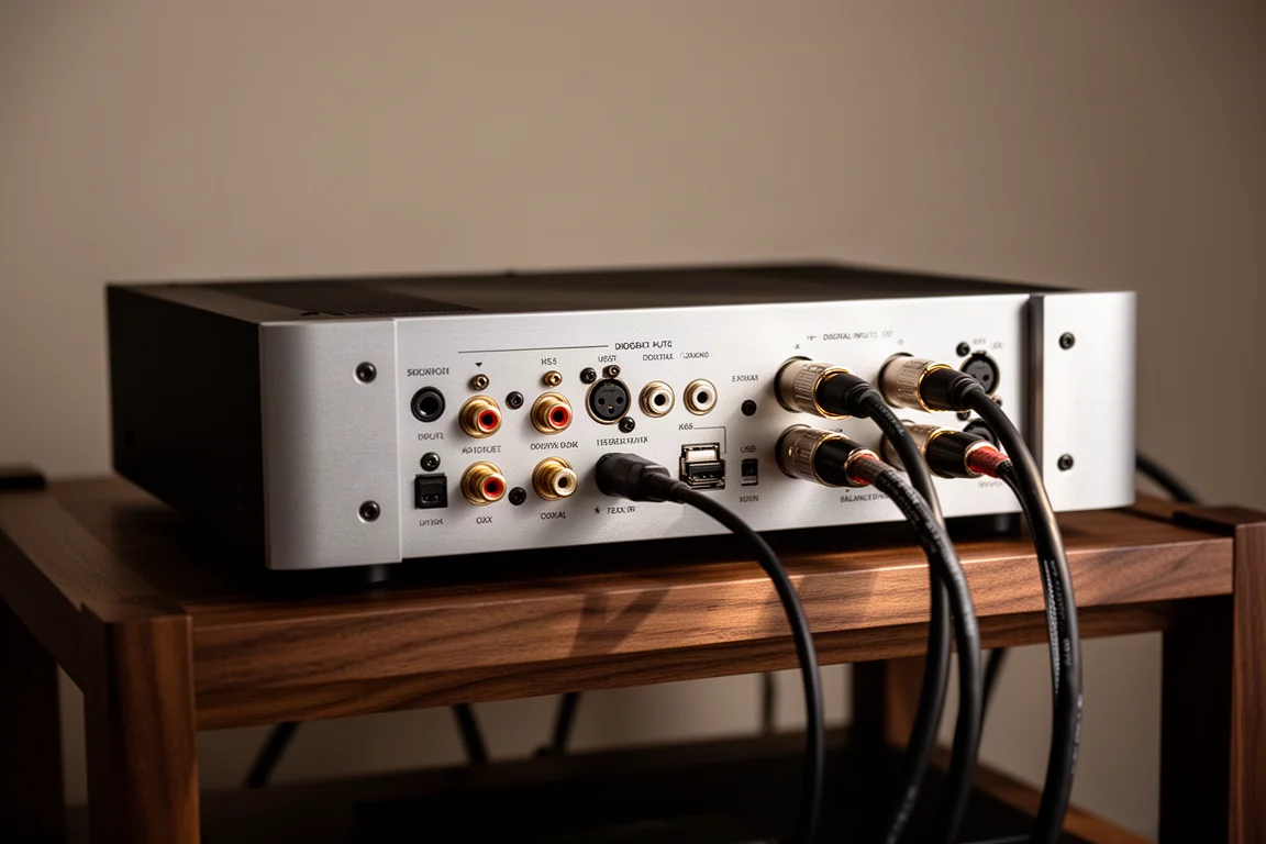 Hi-Fi 擴大機的背板,接上光纖、同軸、USB 與 XLR 線材