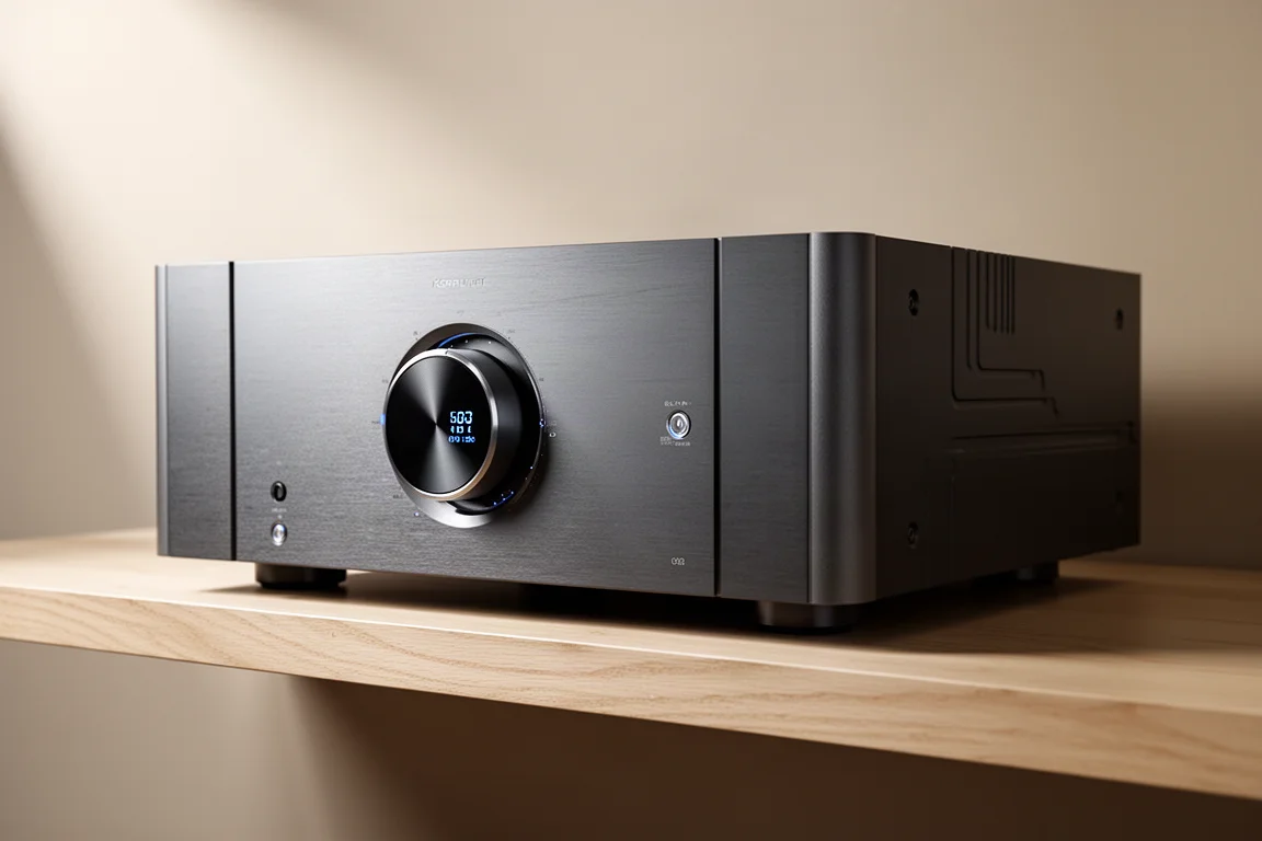 High-end integrated amplifier with brushed aluminium panel and rotary dial on an oak shelf
