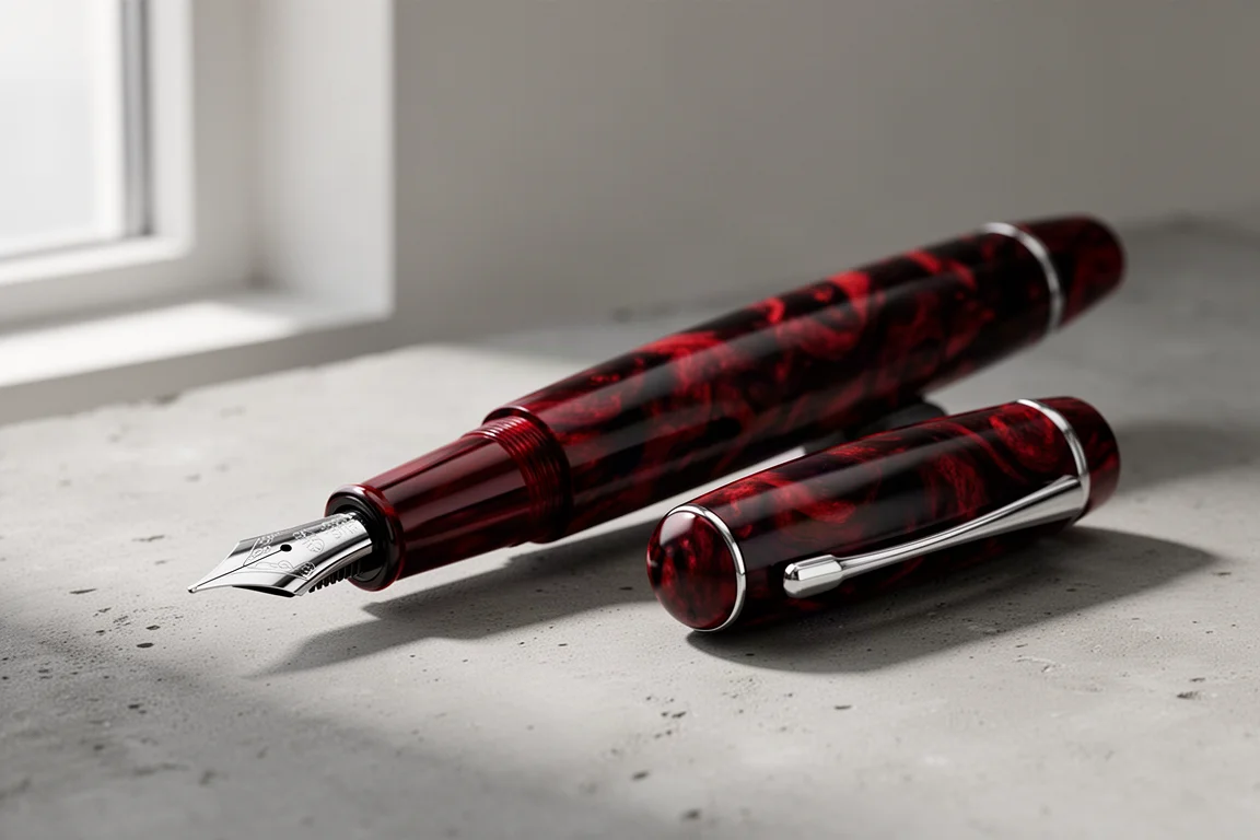 Oversized red and black ebonite fountain pen with cap posted on concrete surface