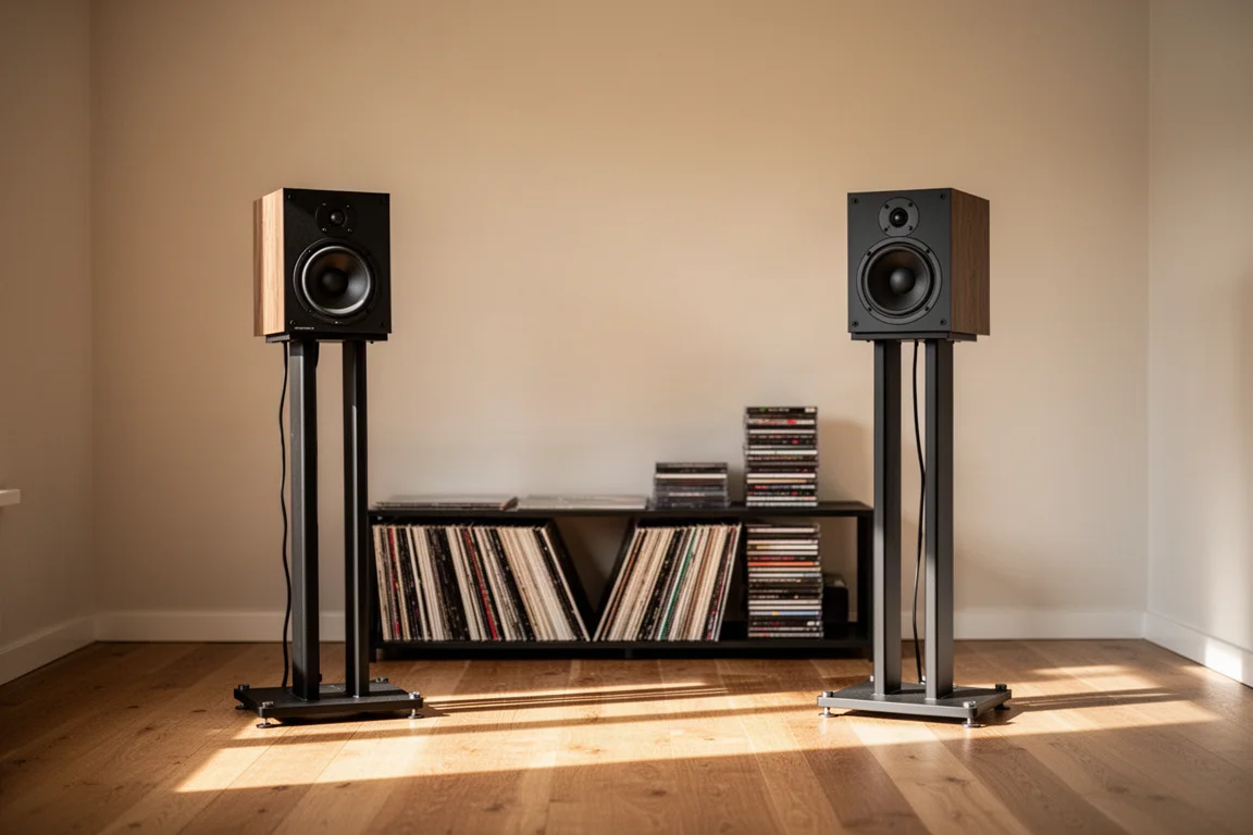 Zwei Regallautsprecher auf hohen Stahlständern in einem kleinen Hörraum mit Schallplatten im Hintergrund