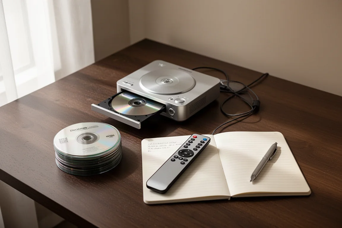 Draufsicht auf einen CD-Player, Discs, Fernbedienung und Notizbuch auf einem dunklen Holztisch