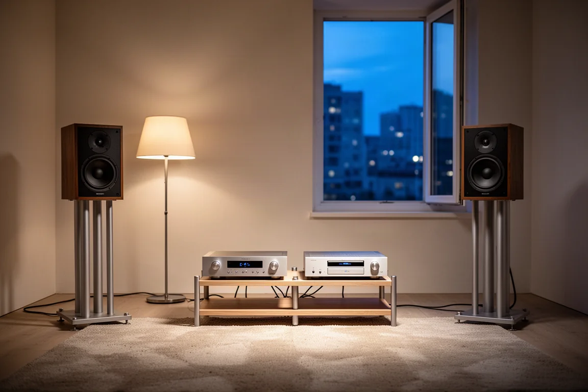 Hörraum in der Abenddämmerung mit zwei Lautsprechern neben einem niedrigen Hi-Fi-Rack und einer Stehlampe