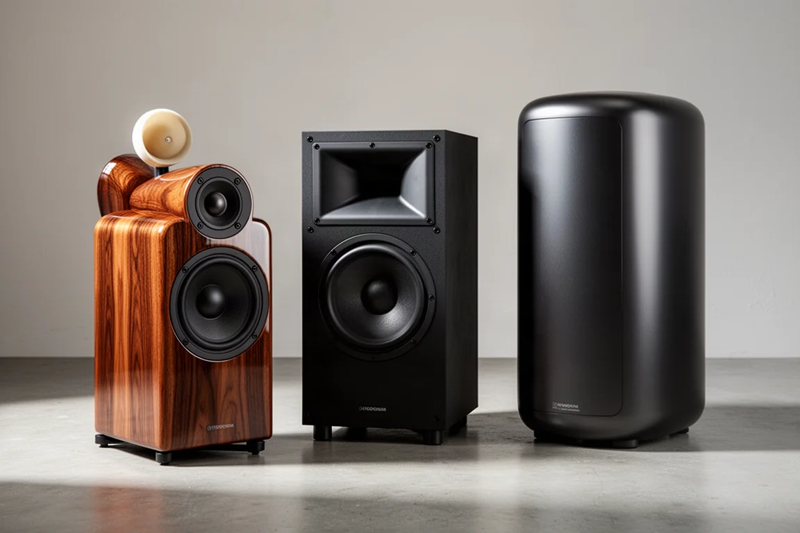 Three stand mount speakers on a concrete surface: gloss walnut two-way, black horn-loaded model and dark rounded cabinet