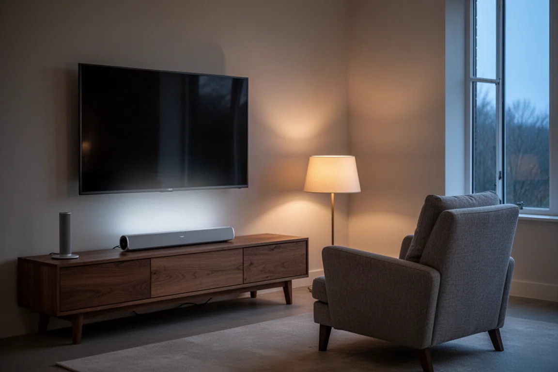 Living room at dusk with a slim speaker on a low console and a glowing television