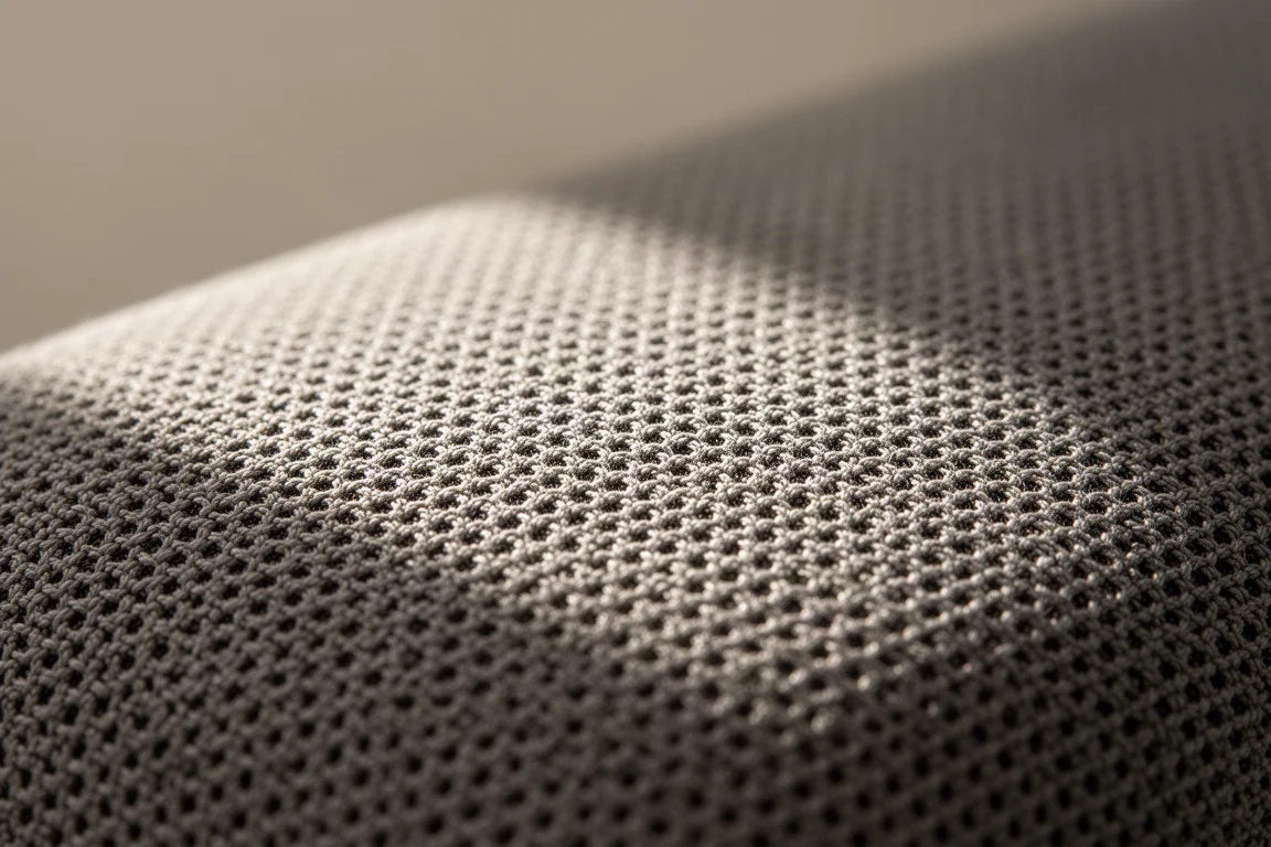 Close-up of woven speaker fabric with soft directional light raking across the weave