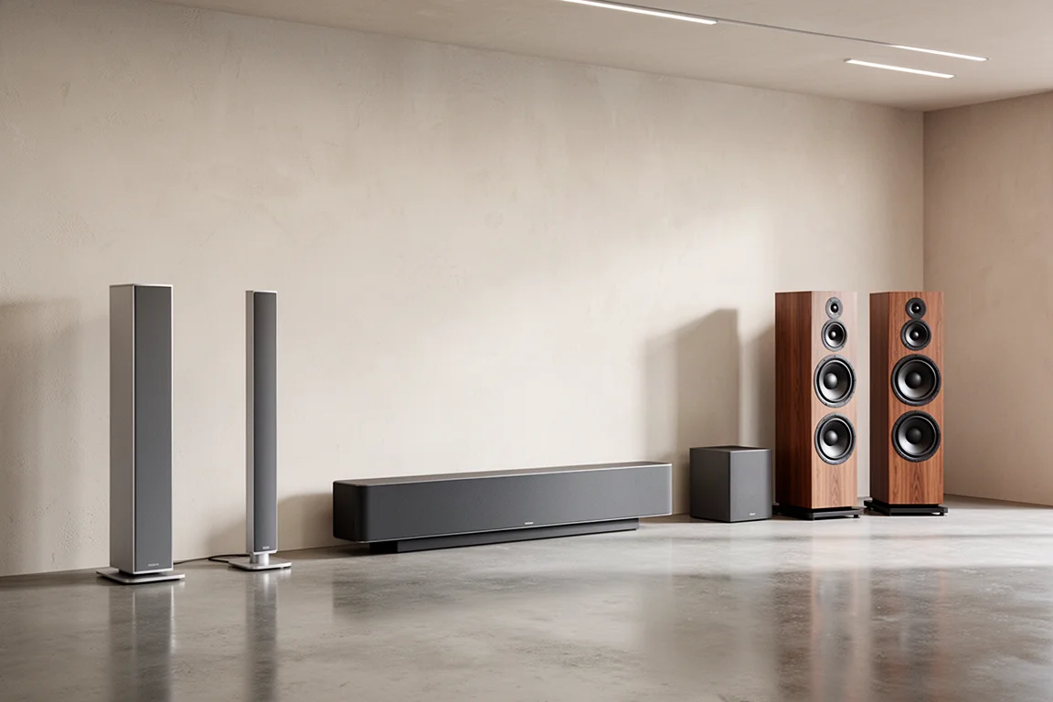 Modern audio showroom with several all-in-one and floor-standing speakers along a wall
