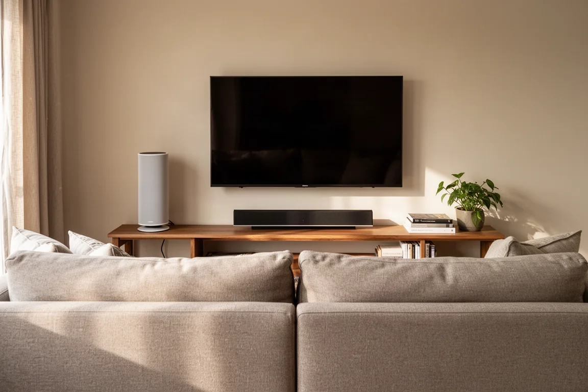Living room seen from behind a sofa with a television and slim speaker on a console