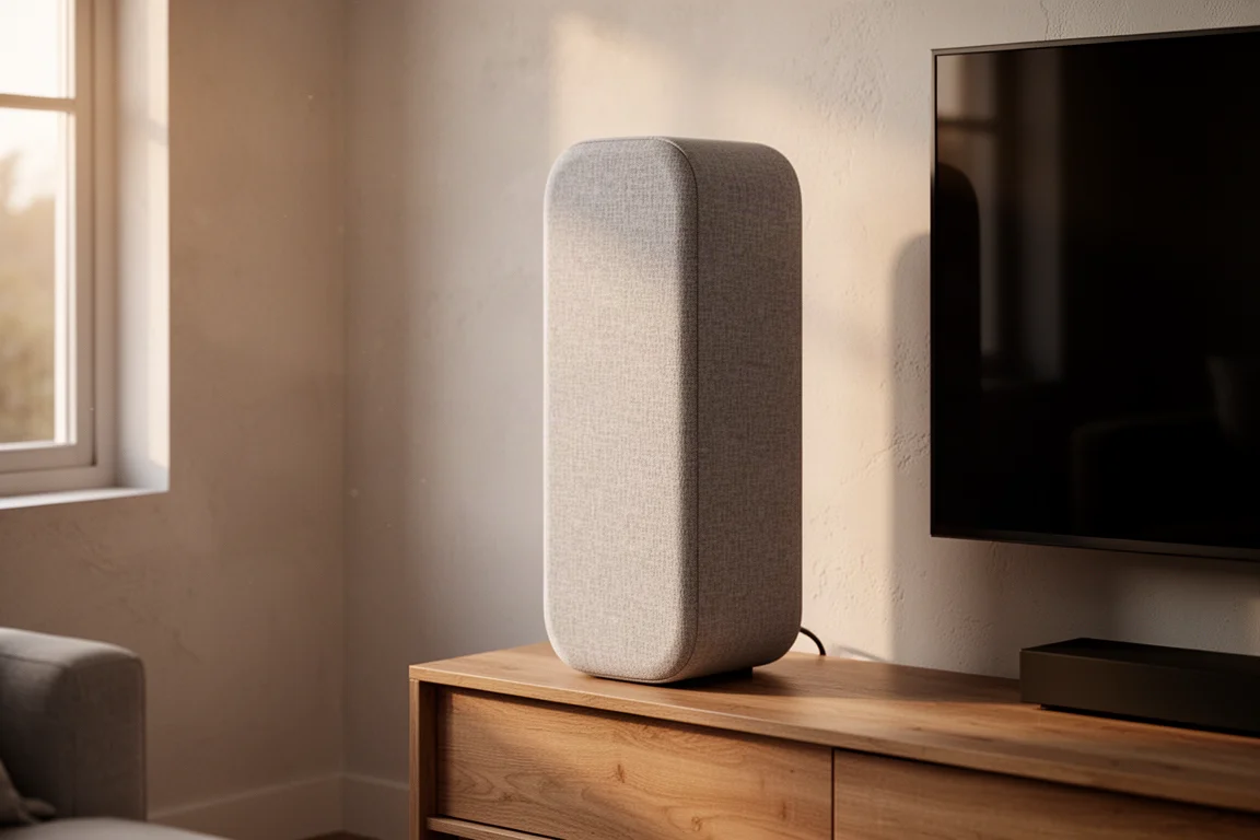 Slim fabric-covered all-in-one speaker on a wooden console beneath a television in a calm living room