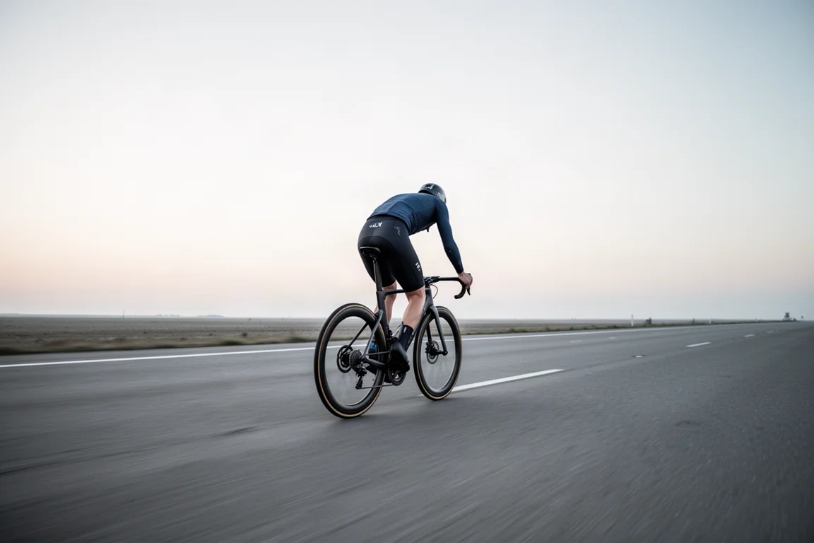 Ciclista su strada che pedala veloce su una bici aerodinamica in strada aperta durante l'ora d'oro